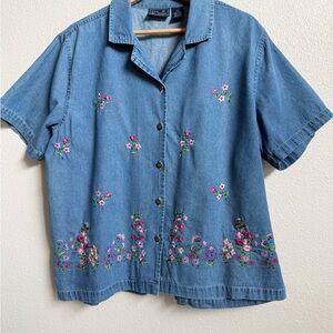 Jane Ashley Light Blue Denim Top Floral Embroidery Vintage Essentials Y2K